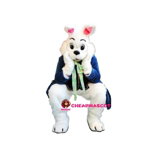 Cute Blue Suit White Bunny Mascot Costume