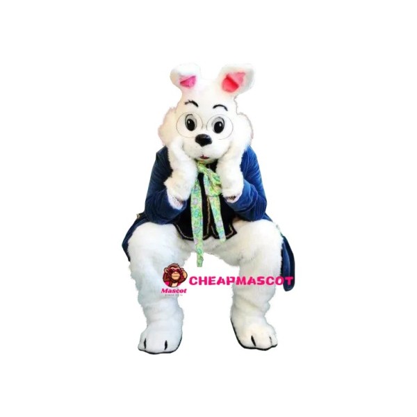Cute Blue Suit White Bunny Mascot Costume