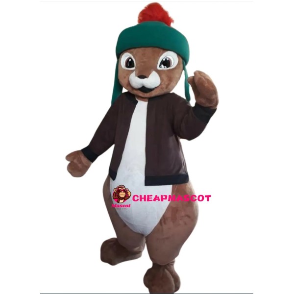 Brown Bunny Mascot Costume With Green Hat