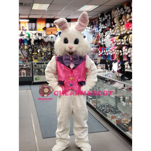 Happy White Pink Vest Rabbit Mascot Costume