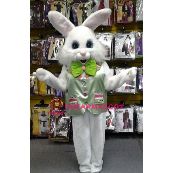 Happy White Green Vest Rabbit Mascot Costume