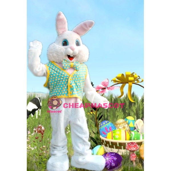 Happy White Cartton Vest Rabbit Mascot Costume
