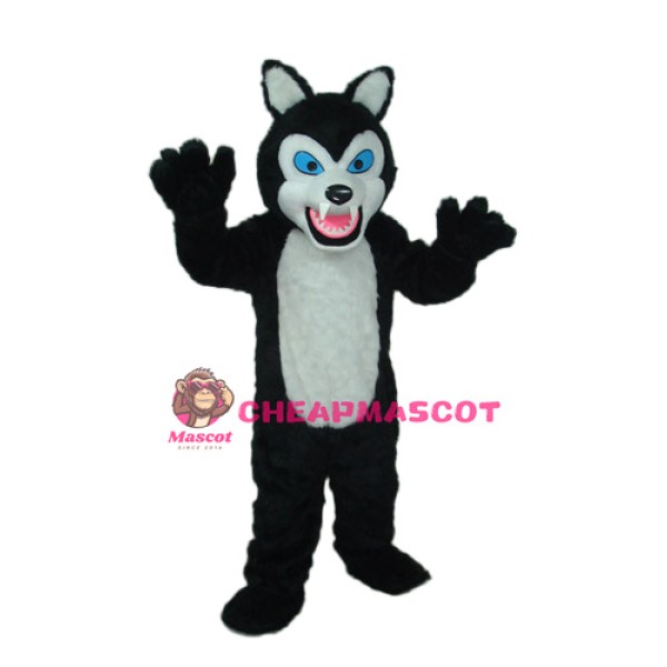 Long-haired Black White Wolf Mascot Adult Costume