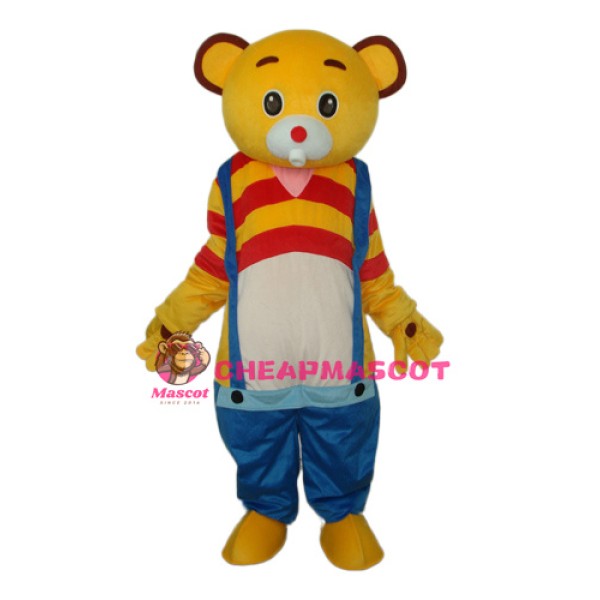 Yellow Bear Wear Blue overalls Mascot Adult Costume