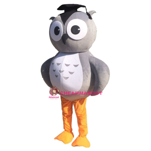 Grey Owl Mascot Costume with Doctorial Hat