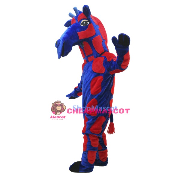Blue & Red Realistic Giraffe Mascot Costume