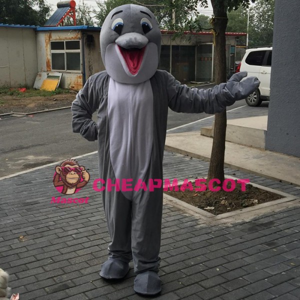 Gray Happy Dolphin Mascot Costume