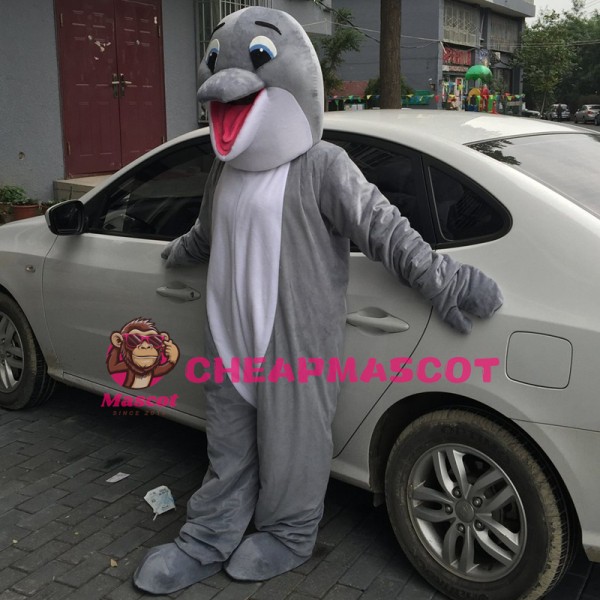 Gray Happy Dolphin Mascot Costume